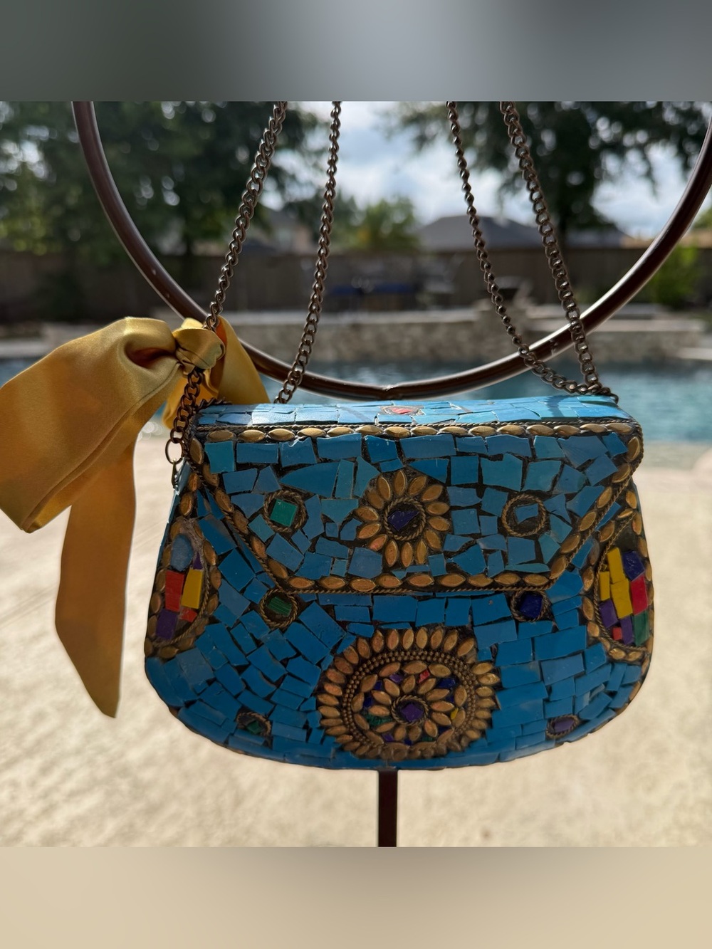 Vintage Handmade Mosaic Stone Metal Clutch Bag